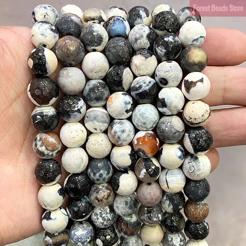 Natural Faceted White Frost Cracked Fire Agates Round Loose Beads 12mm for Jewelry Making Diy Bracelet Ear Studs 15'' Strand