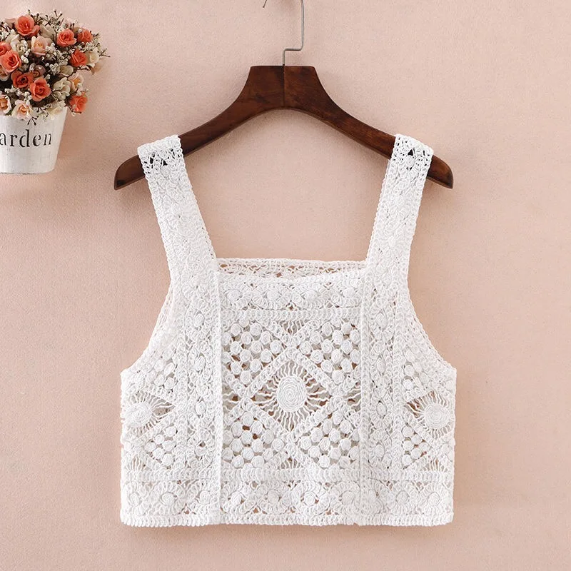 Crochet Knit Tank Top Boho Sheer Open-knit Sleeveless Square Collar Crop Cover Up Women Teengirl Summer Vacation Beach Outfi