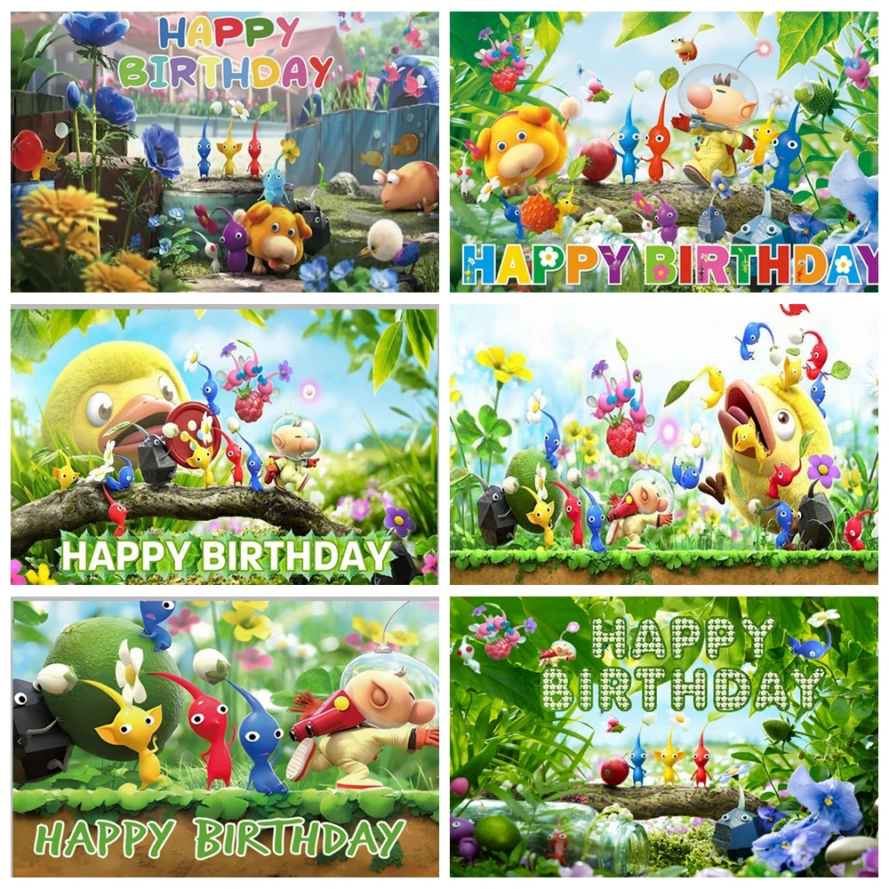 

P-ikmin Happy Birthday Backdrop Garden Cartoon Kids Party Decor with Colorful Flowers Animals Photo Booth Celebration Background