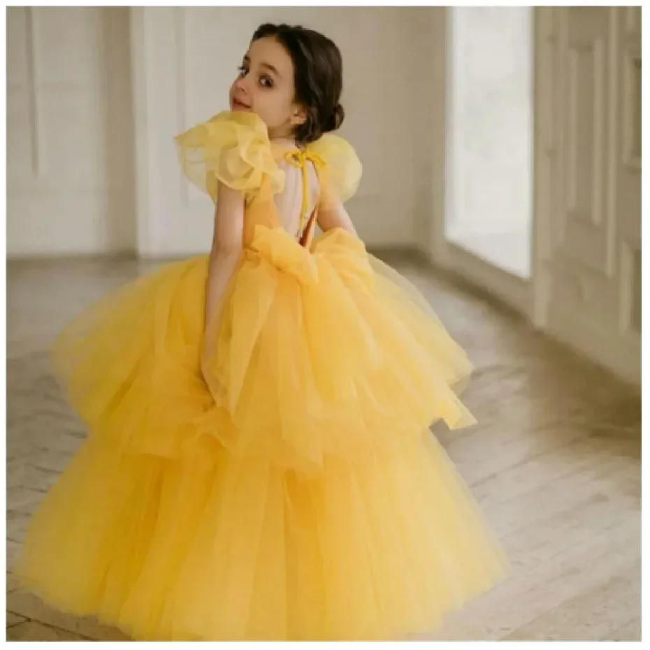 Gelbes Blumenmädchenkleid, exquisites Krepp-O-Ausschnitt, bodenlang, für kleine Mädchen, Kinder, Hochzeit, Geburtstag, Party, Abschlussball, Urlaubskleid