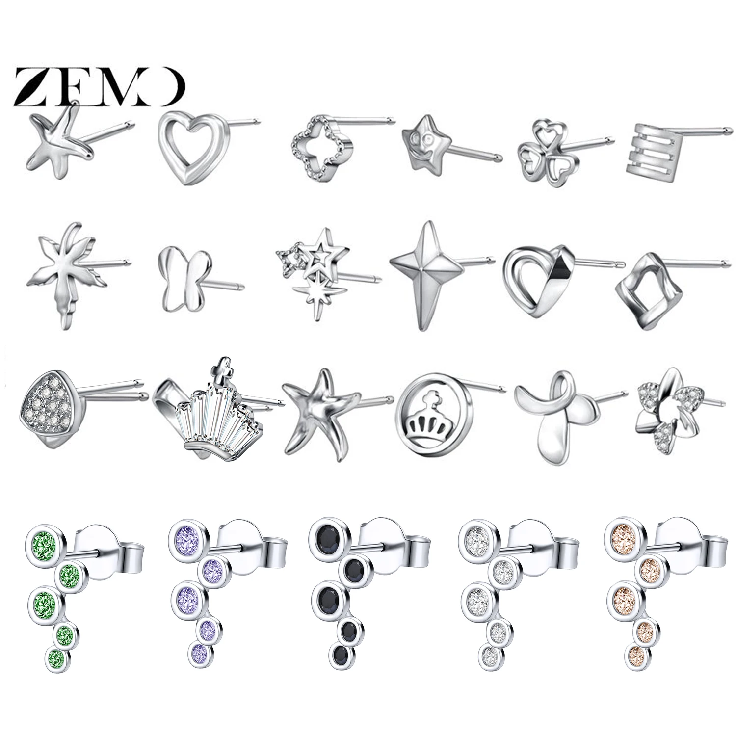 

ZEMO 1 Pair 21G 925 Sterling Silver Star Heart Cross Stud Earrings for Women Shiny Crystal Ear Studs for Girls Cute Earring