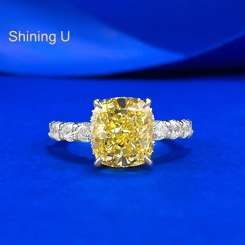 

Shining U S925 Silver 9*10mm Yellow Cushion High Carbon Daimond Gems Ring for Women Fine Jewelry Wedding