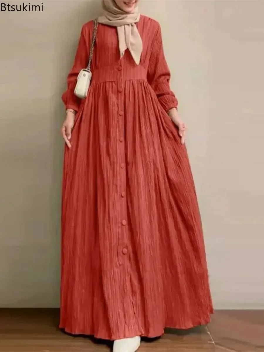 Neues 2026 Damen Vintage Langarm Muslimisches Maxikleid Herbst Elegantes Lässiges Knopfleisten-Sommerkleid Dubai Islamische Kleidung Abaya