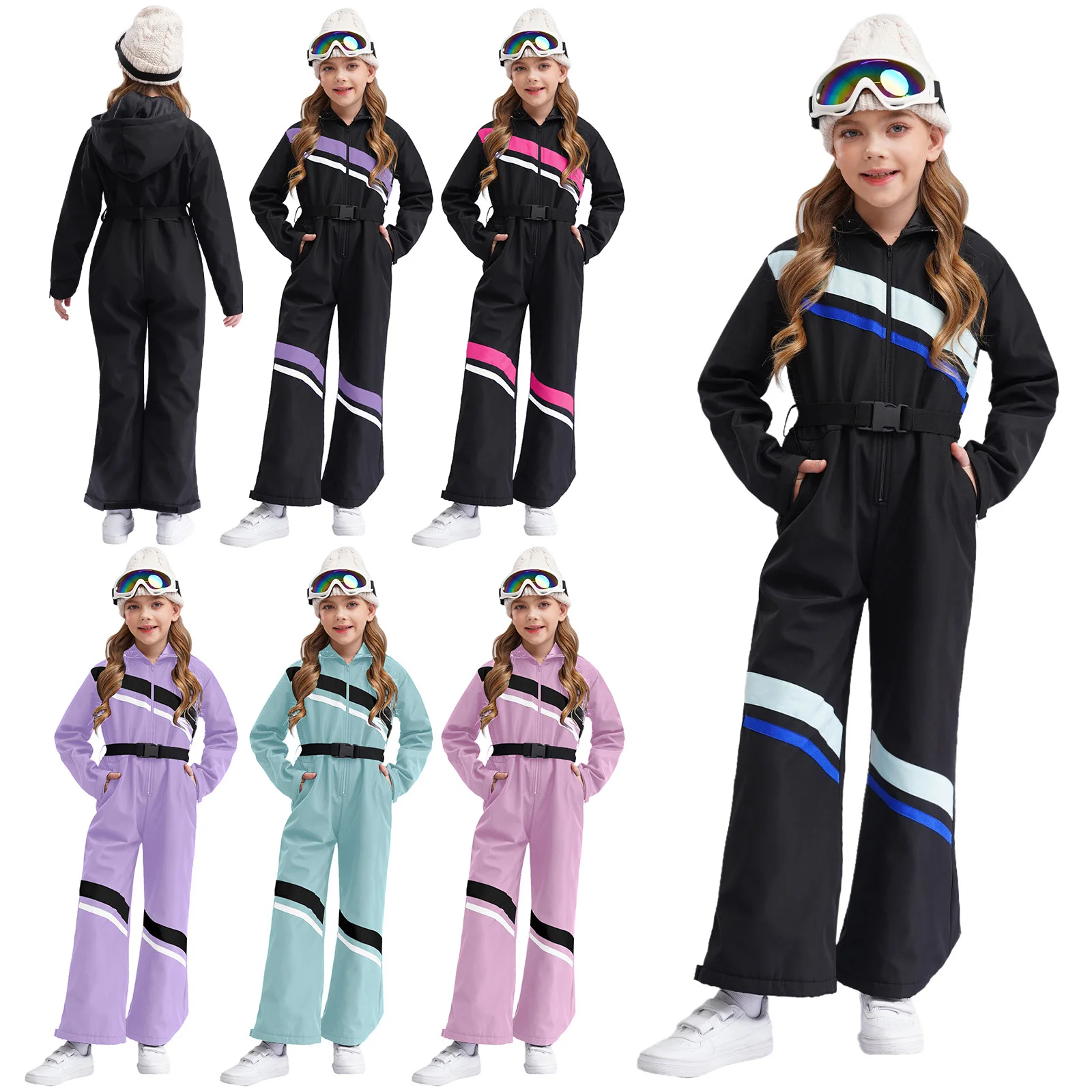 Combinaison de ski à capuche pour filles, manches longues avec ceinture, costume d'alpinisme, ensemble de ski, snowboard, camping, danse, patinage, enfants, nouveau