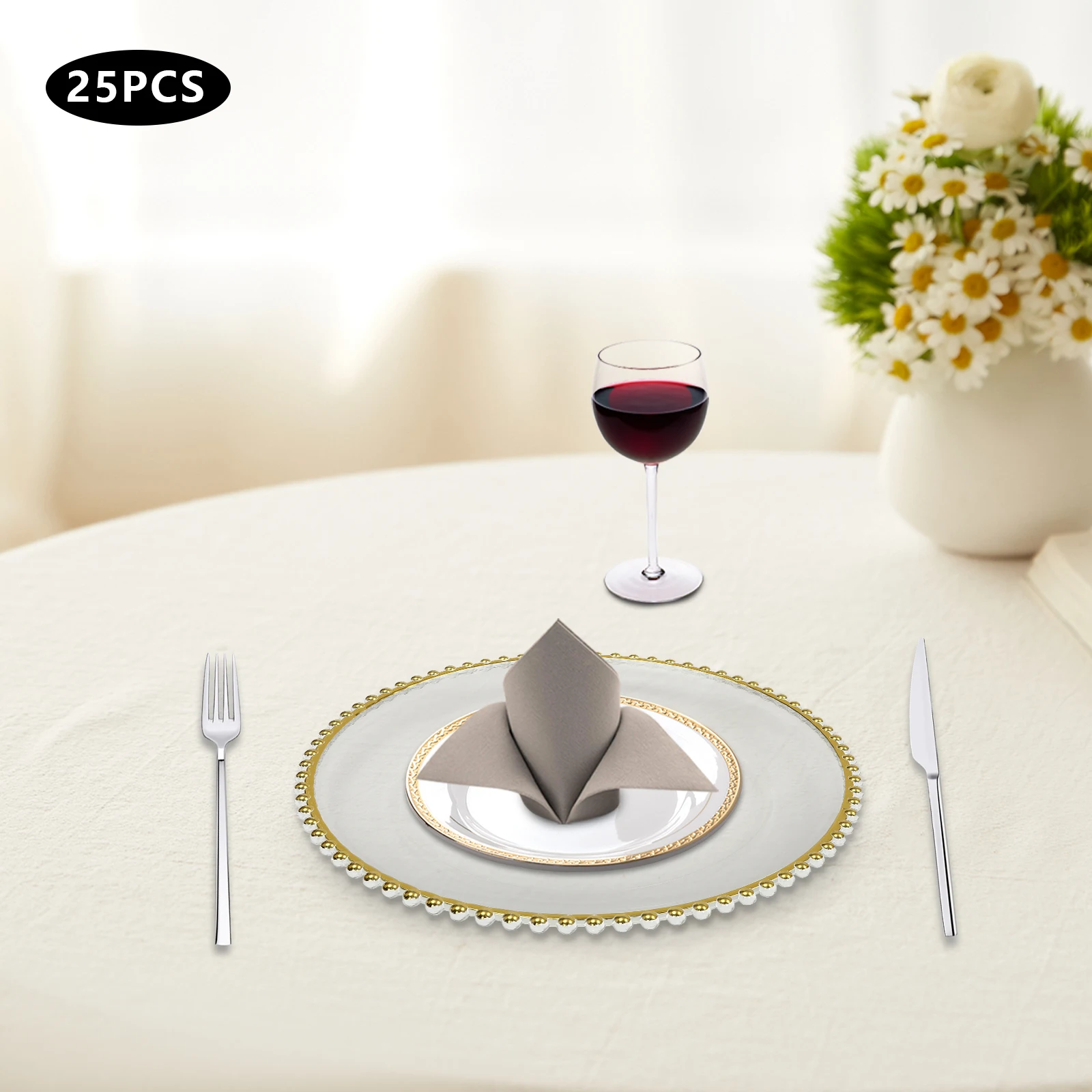 

25 шт. прозрачные золотые круглые тарелки для зарядного устройства PS, стол для горячего тиснения из фольги, обеденные тарелки для семейного ужина, вечеринки, делового случая
