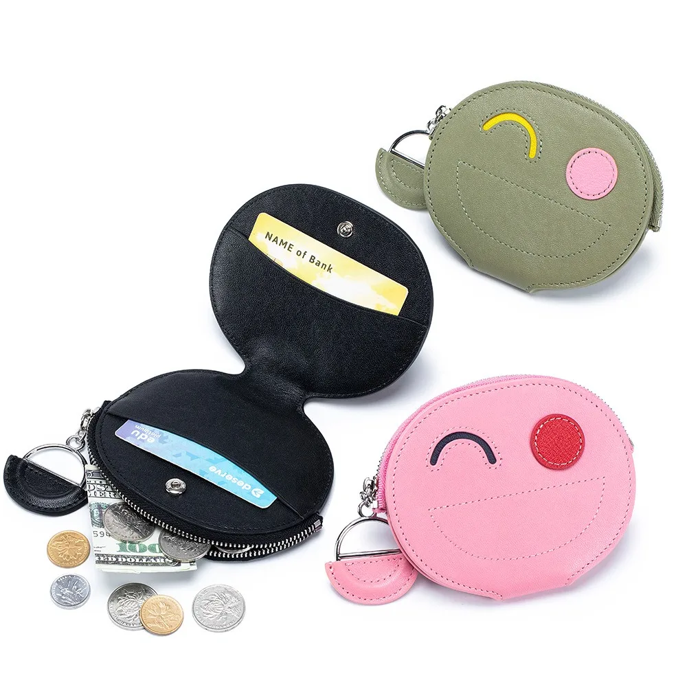 

Genuine Leather Wallets Bag Student Cute Face Coin Purse Card Holder Lipstick Case Mini Earphone Change Key Pouch For Women