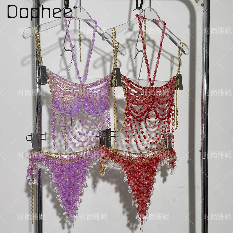 

Модная цепочка для тела 2025 Лето Новый топ с красным вырезом из бисера Модная фиолетовая юбка с характером Женский сексуальный комплект из двух предметов Продается отдельно