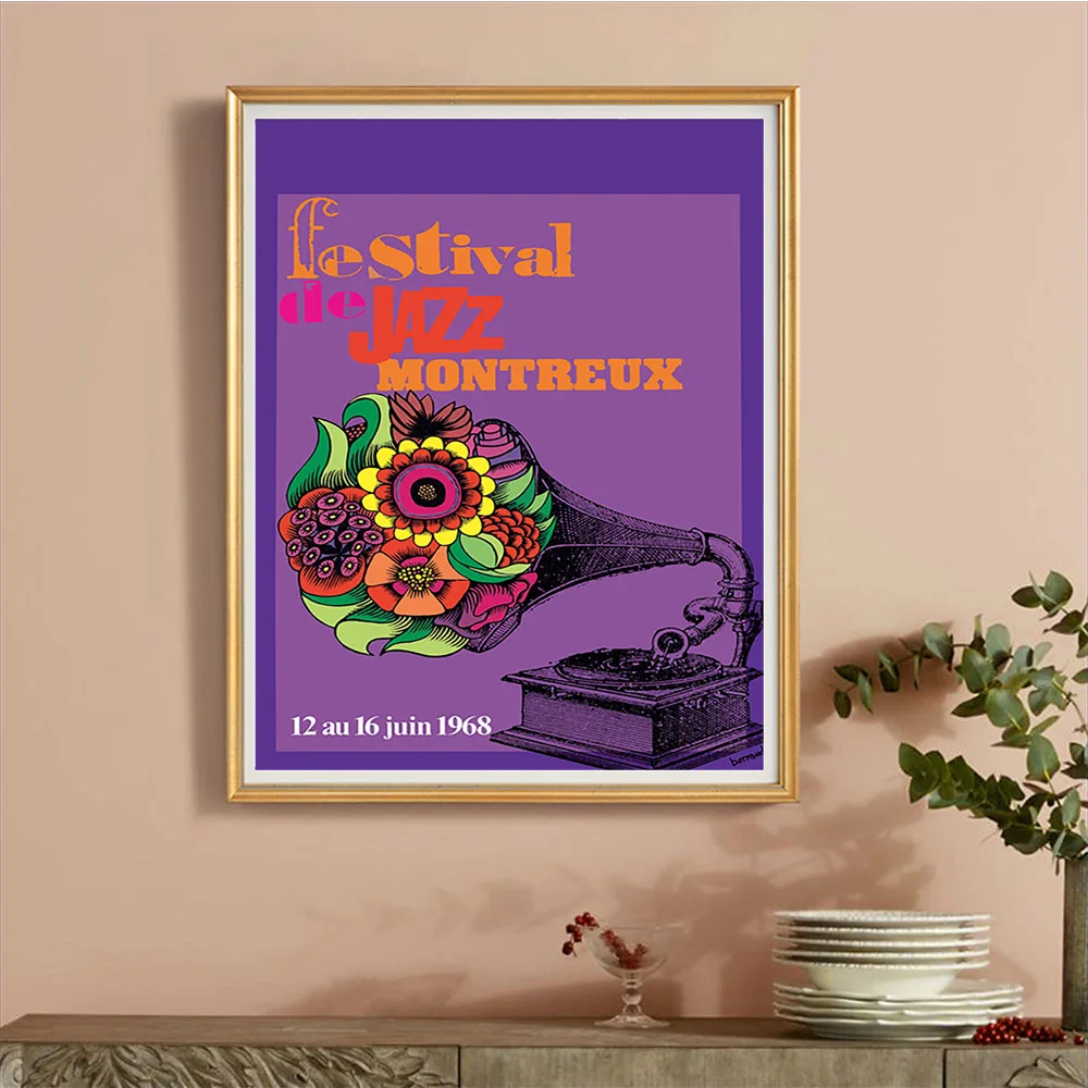 

Montreux Jazz Music Festival Vintage Art Print Poster Flower Phonograph Wall Picture Decor Canvas Painting