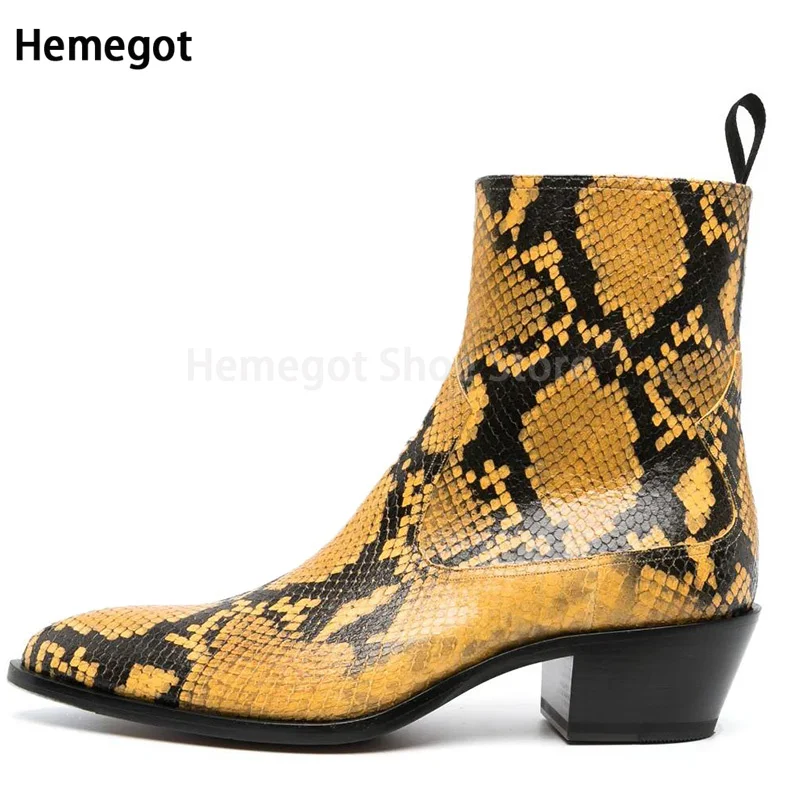 Cowhide Snake Print Boots Men\'s Chelsea Boots Summer Fashion Personality New Pointed Toe Heightened Side Zipper Casual Shoes