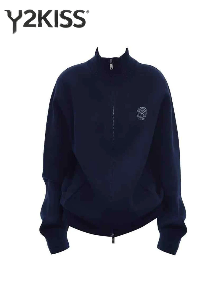 Cárdigan con cremallera completa para mujer, suéter con cuello levantado, estilo universitario coreano, manga larga, Color sólido, chaqueta de punto Y2k, invierno