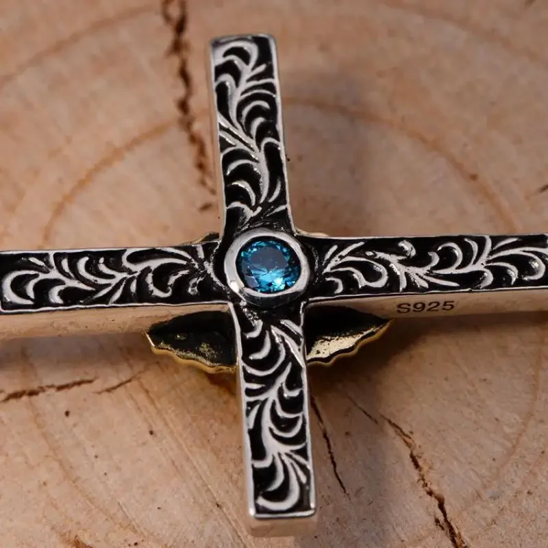 925 Sterling Silver Cross Pendant Virgin Mary Vintage Thai Silver Inlaid CZ Blue Stone For Men And Women Christian Jewelry
