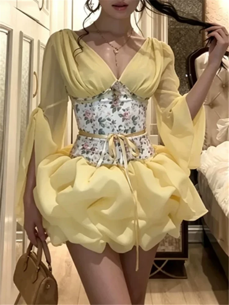 Vintage French Ballet Princess Girl Yellow Mini Birthday Dress Floral Patchwork V Neck Long Sleeve Ruffles Ball Gown Bud Dress