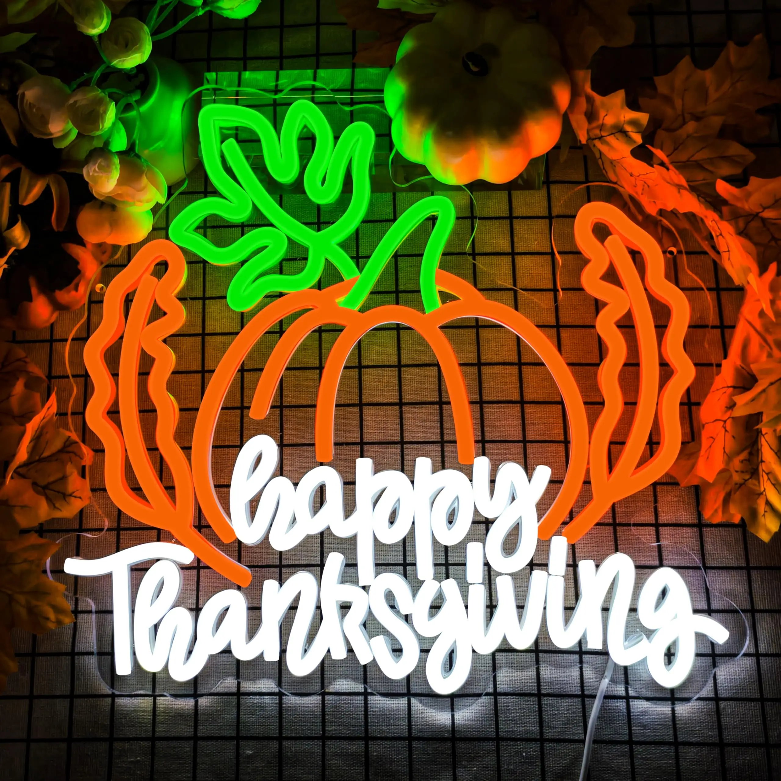 Happy Thanksgiving Pumpkin LED Neon Sign for Wall Decor Thanksgiving Decor Dimmable Switch for Door Wall Art Window Home Party