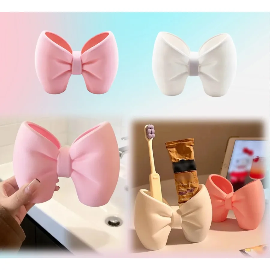 1/2pcs Creative Bow Shape Toothbrush Holder As Pen Holder Double-basin No Installation Desktop Storage Cup for Bathroom Decor