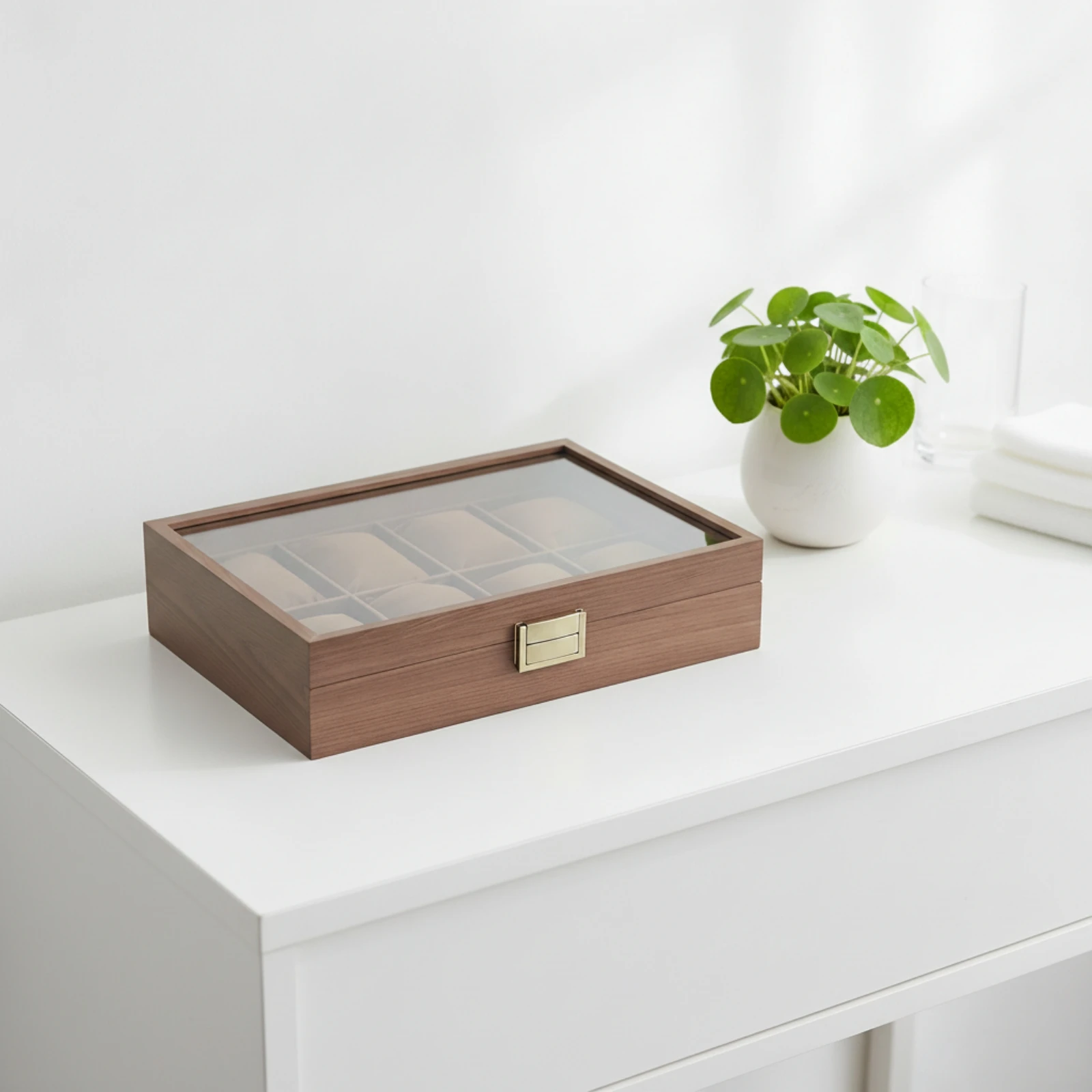 Storage Box Natural Wood Grain Watch Display Box with Removable Pillows Walnut Finish Watch Case Velvet Lined for Dresser