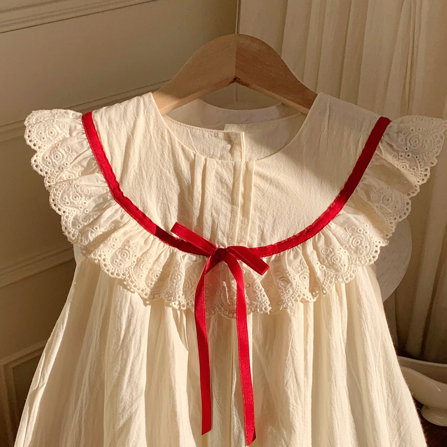 Dress Korean Lace 2025 Summer Round Neck Lace Cute and Sweet Buttful-knot Princess Dress Kids Clothes Girls
