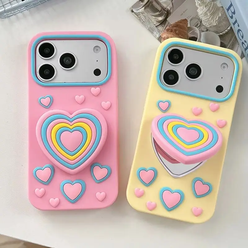 Preppy Sweet Rainbow Heart Flip Makeup Mirror Phone Case for 17 Pro Max Y2K Soft Silicone Protective Cover for iPhone 16 15 14