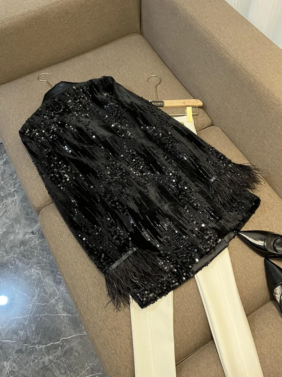 2024 Spring Fashion Socialite Affordable Luxury Style Sequined Velvet Suit All-Matching Slim Fit Cuff Furry Splicing Coat Blazer