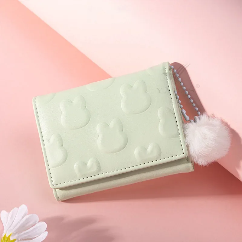 2024 Korean Version New Fresh and Cute Rabbit Print Niche Design Wool Ball Pendant Folding Short Student Portable Wallets Purse