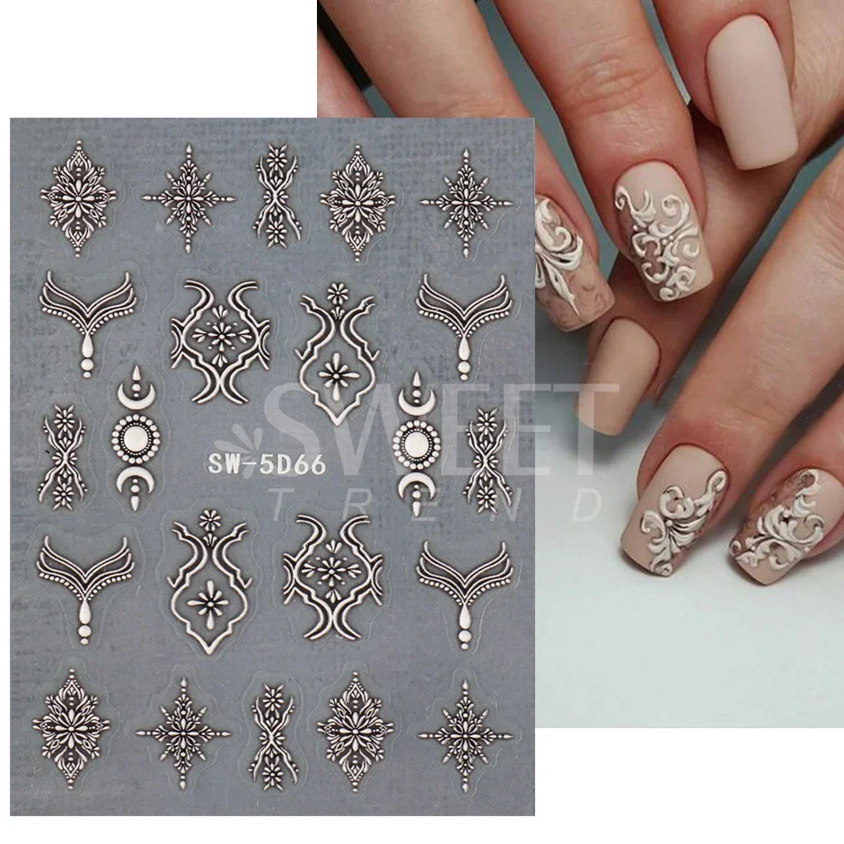 5D Embossed Filigree Stickers Nail Design Brown White Lace Necklace Adhesive Nail Decals Star Moon Carved Decor Sliders SASW-5D