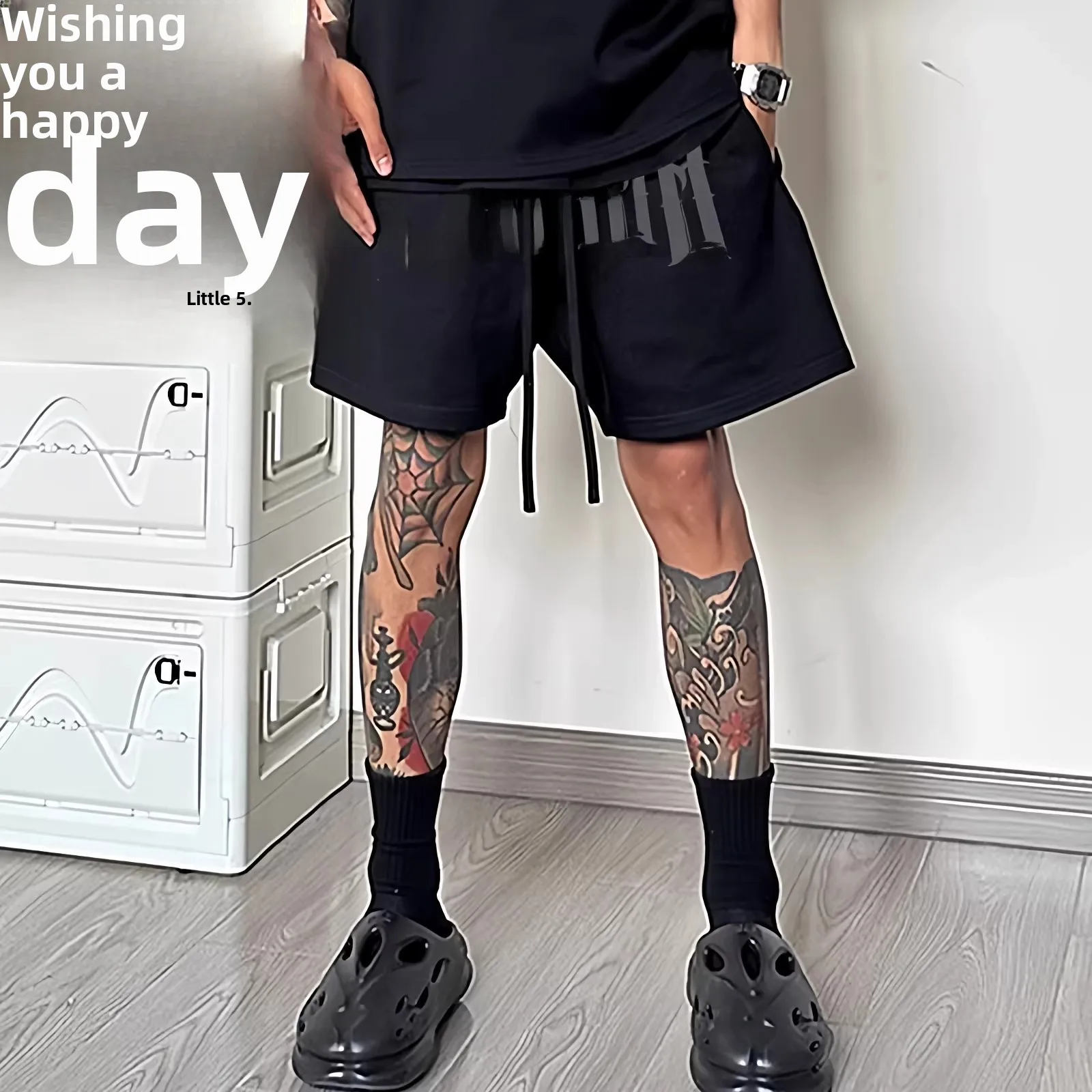 

American Sle Letter Print Dstring orts Men's Summer Trendy Loose Straight Leg Five-Quarter Casual Bla Mid-Length Pants