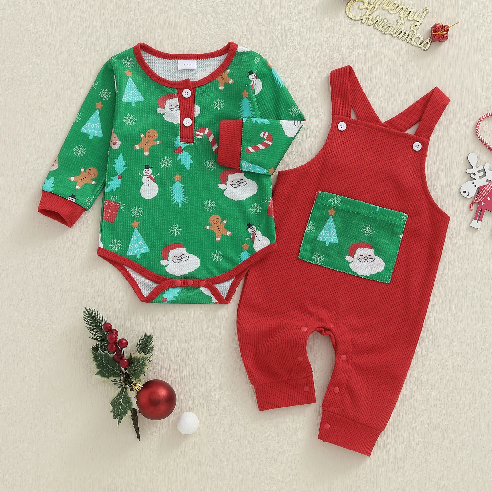 Tregren 0-18M Infant Newborn Baby Girls Christmas Outfit Tree Snowman Print Long Sleeve Romper Overall Pants 2 Piece Set