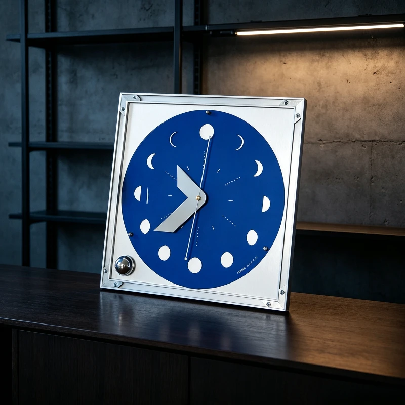 Wall Clock Klein Blue Moon‑Phase Design Aluminum Frame Hands Silent Geometric Art Clock for Home Living Room Decor