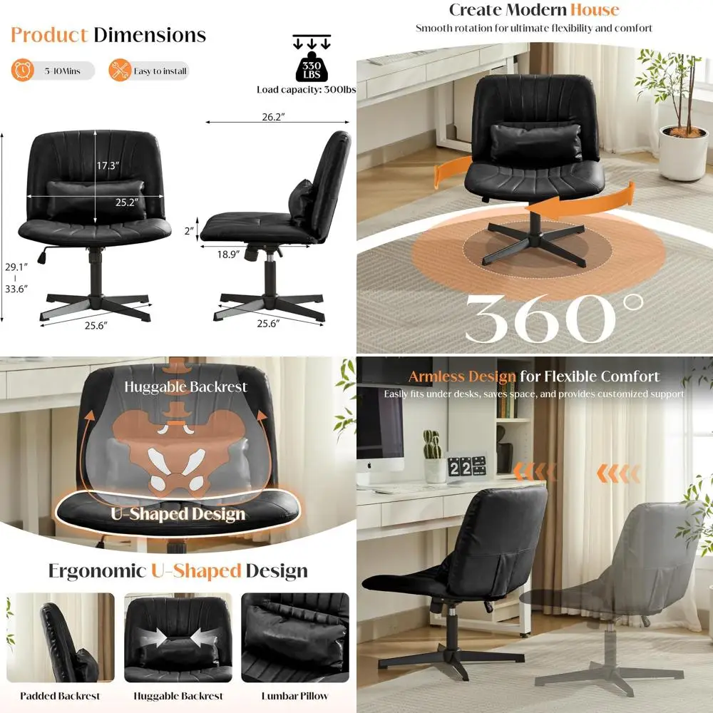 

Armless Swivel Office Chair with Thick Cushion, Pillow, Adjustable Seat for Home & Computer Desk (Black, No Wheels)