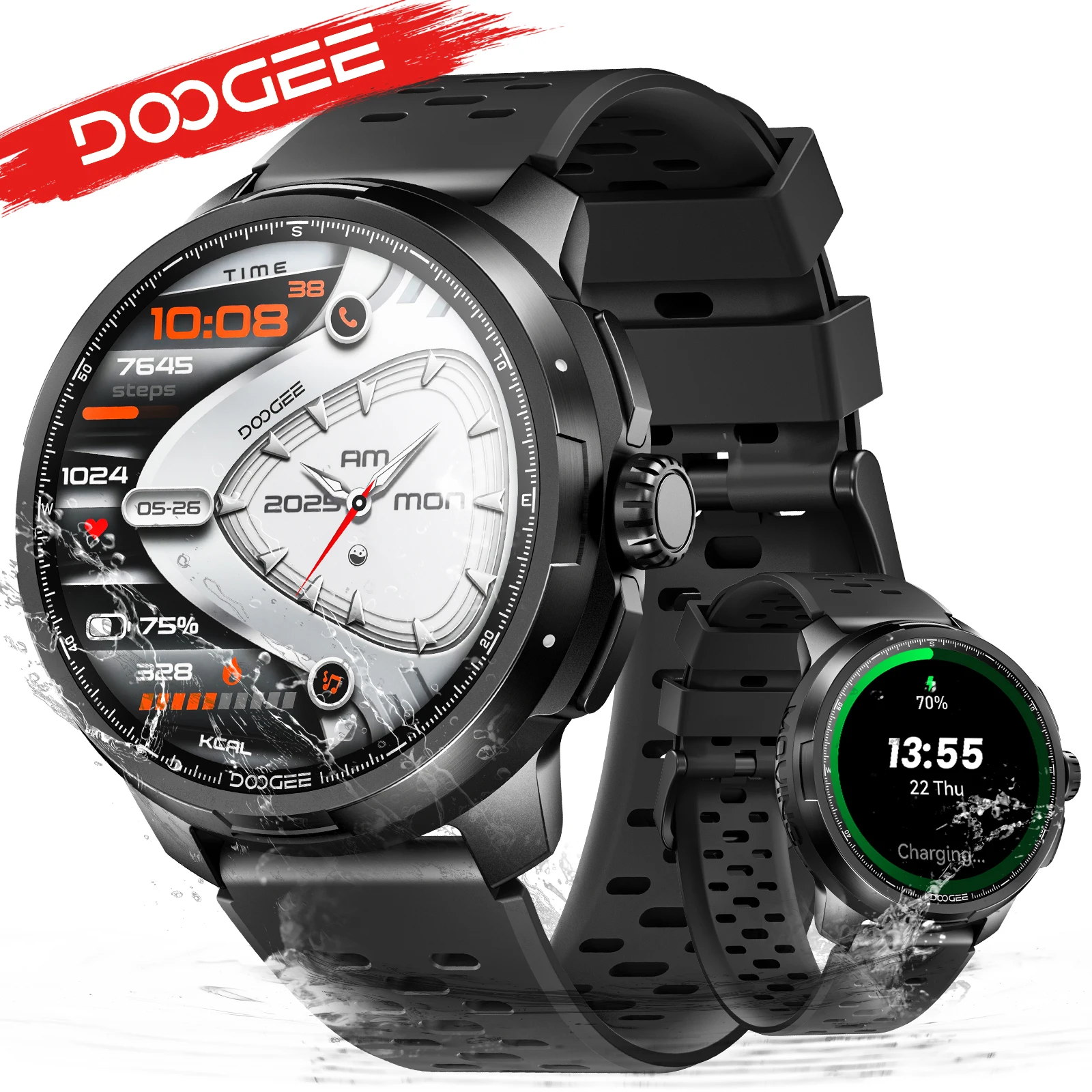 DOOGEE Anymoving M1 – inteligentny zegarek z ekranem AMOLED o przekątnej 1,5 cala, baterią o pojemności 720 mAh, wodoodpornością 5ATM, GPS i funkcją połączeń przez Bluetooth.