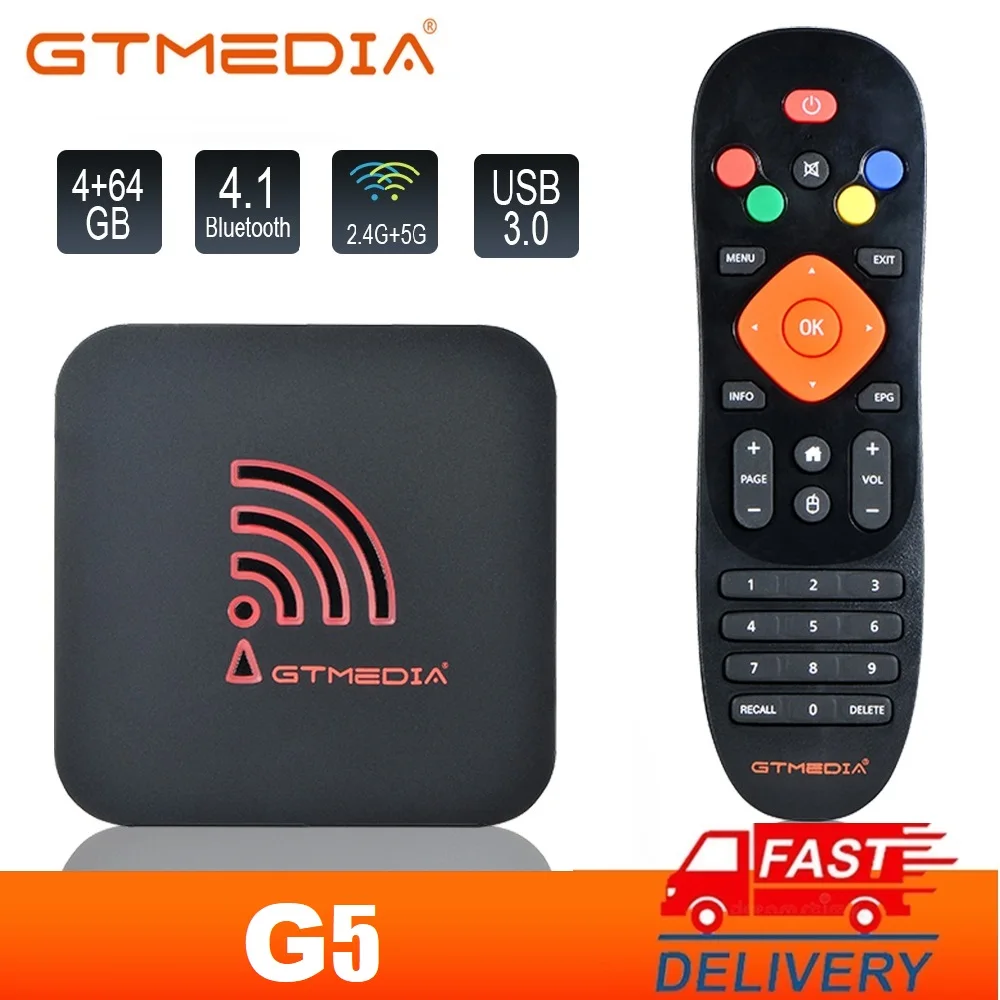 

GTMEDIA G5 TV BOX 4K For Android 9.0 4+64G Built-in 2.4G/5G Dual Wifi BT 4.0 Support Xtream IPTV HD Netflix H.265 Media Player