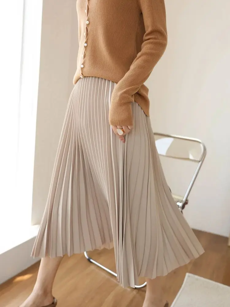 Spring Summer Women Pleated Chiffon Long Skirts Solid Color Bottom Female A Line Elasit Waist Skirt