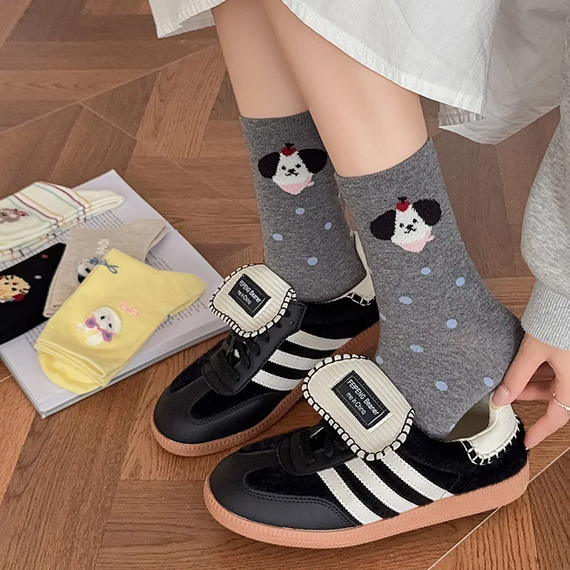 Cartoon Animals Cute Socks Women Multicolor Polka Dot Striped Medium Tube Socks College Style School Students Cotton Long Socks