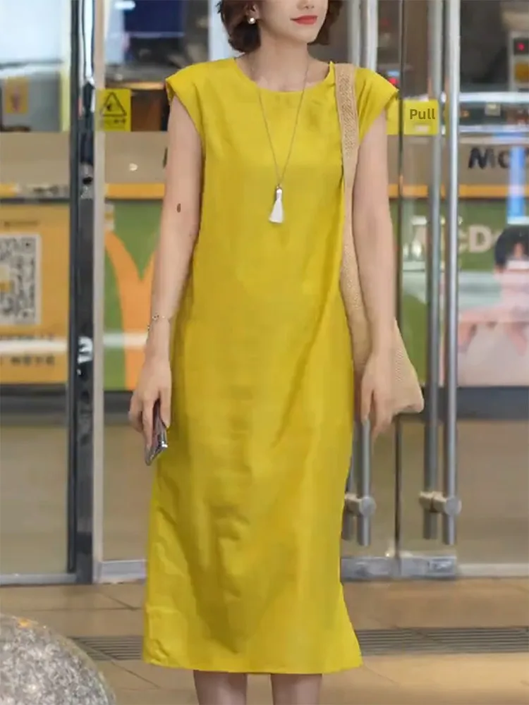 

Ele Yellow Svel round Ne Свободный крой Летнее платье для женщин больших размеров Юбка трапециевидной формы от Qing Na Er