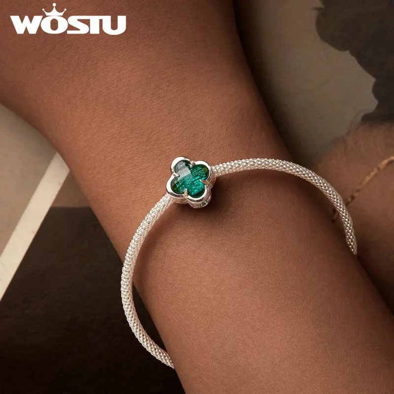 WOSTU 925 Sterling Silver Green Plant Charms Cactus Flower Pendant Four-leaf clover Lucky CZ Beads Fit Original Bracelet Gift