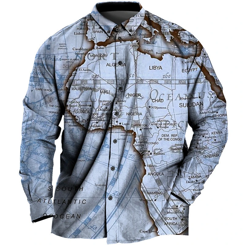 Men's Daily Casual Vintage World Map 3D Printed Shirt Long Sleeve Street Classic Cool Retro Design Blouses Clothing Lapel 2024