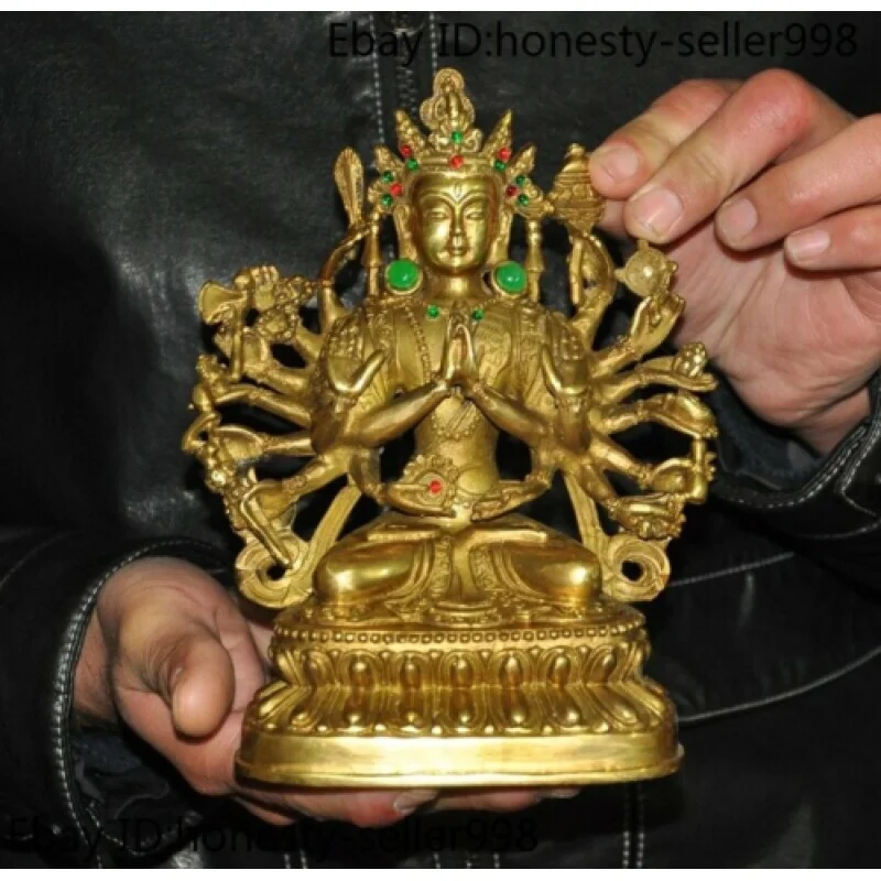 7.2'' Tibet temple bronze Gilt gem Avalokitesvara Kwan-Yin GuanYin Buddha statue