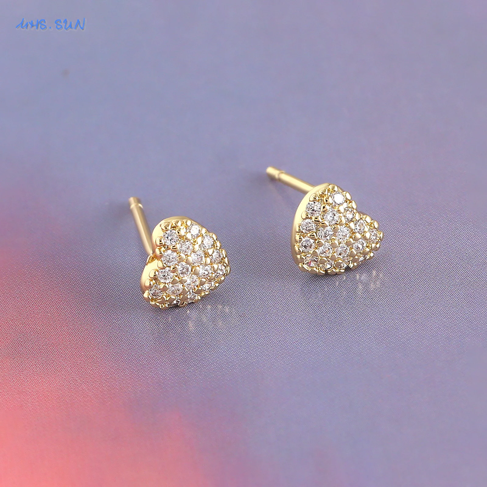 MHS.SUN 3 Sizes Cute Zircon Love Heart Stud Earrings for Women Simple Small AAA CZ Gold Plated Earring Wedding Jewelry Gifts