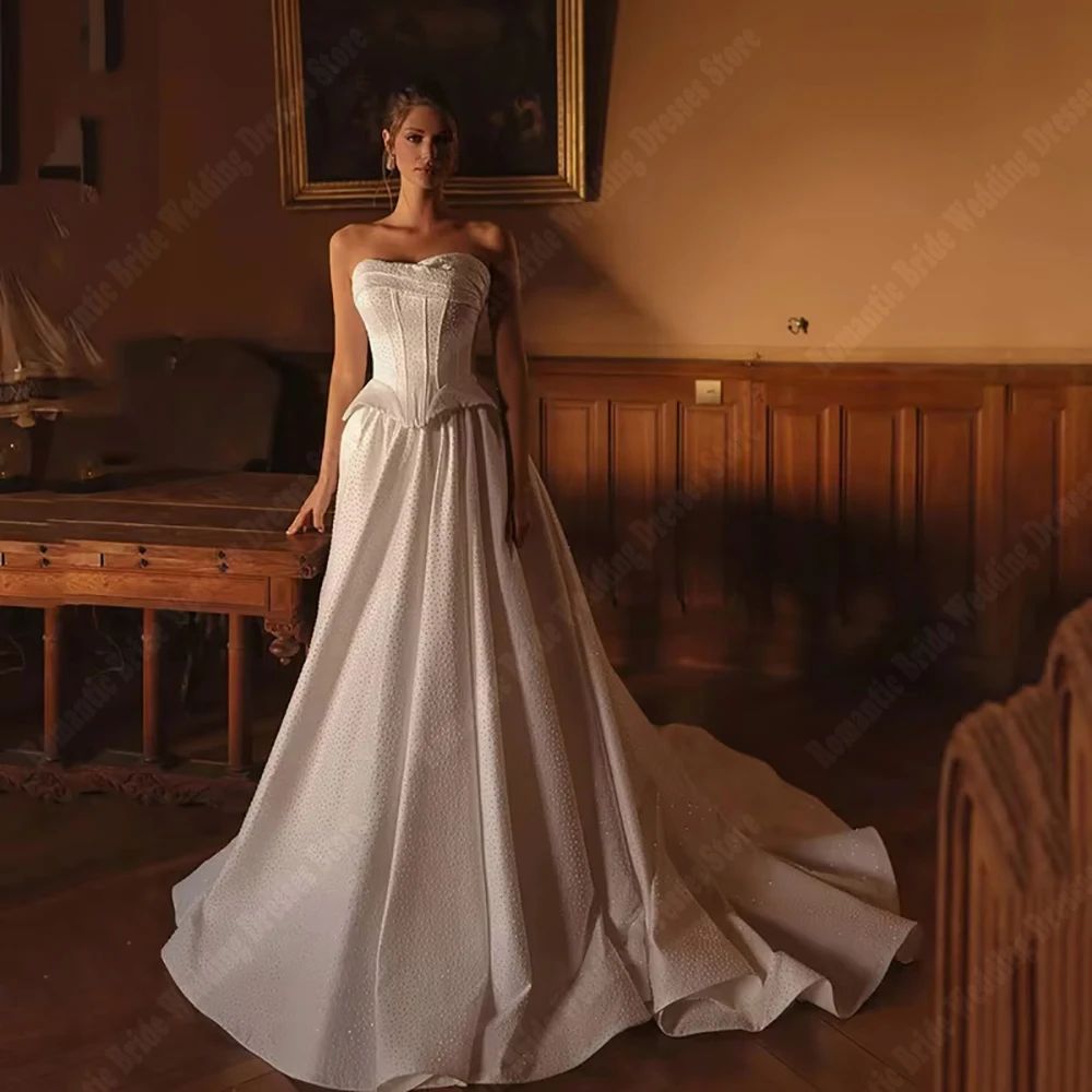 

Sexy Strapless Sleeveless A-Line Women Wedding Dresses Gorgeous Princess Bride Gown Mopping Length Vestidos De Novias Customized