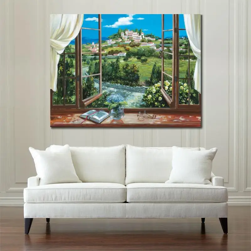 

Large Canvas Art Landscape Oil Painting Handmade Contemporary Artwork Window View Picture For Living Room Bathroom Wall Decor