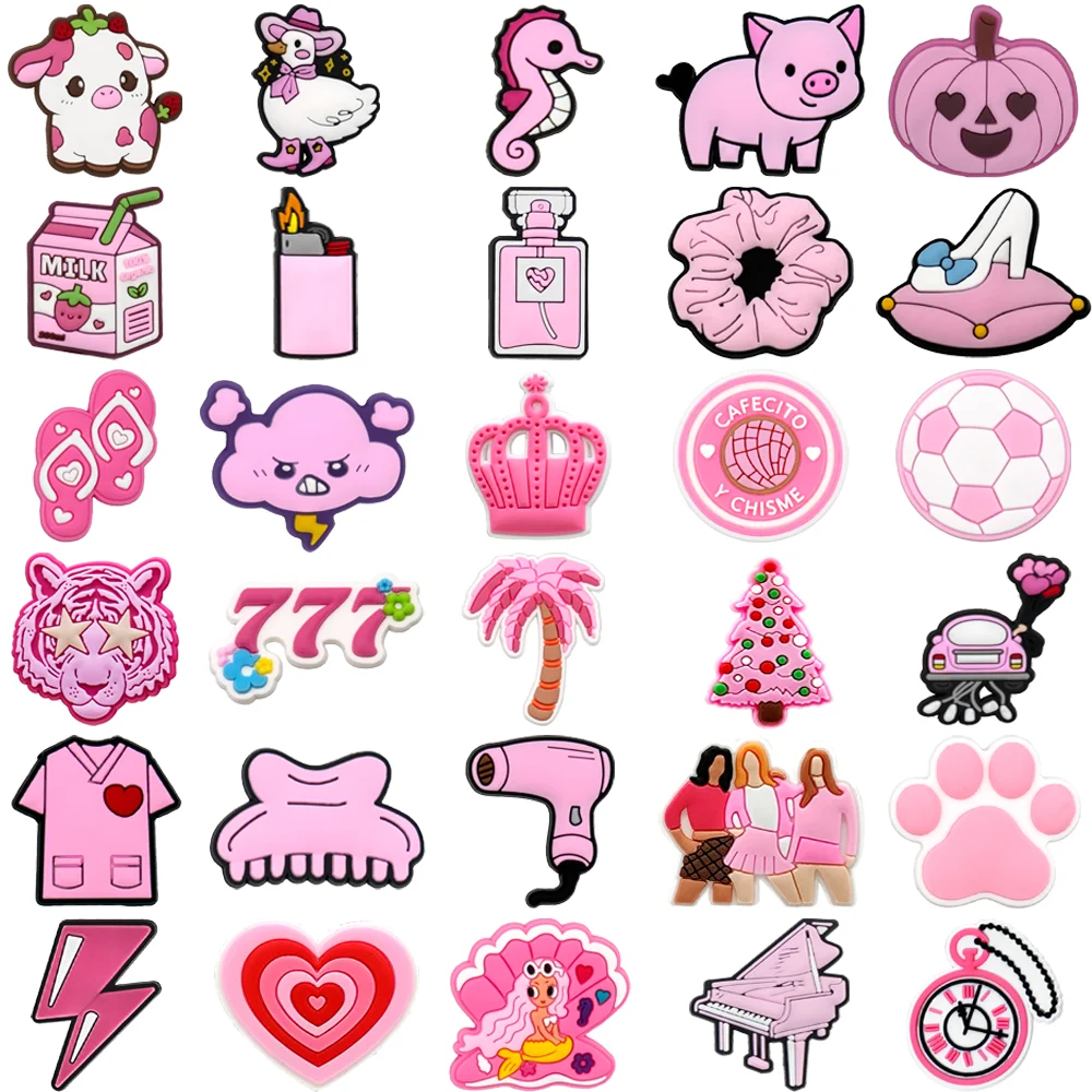 1-30PCS Cute Pink Girl Style Shoe Charms,Animal Heart Crown Pin Accessories for Sandals,Flower Lightning Shoe Clogs Decoration
