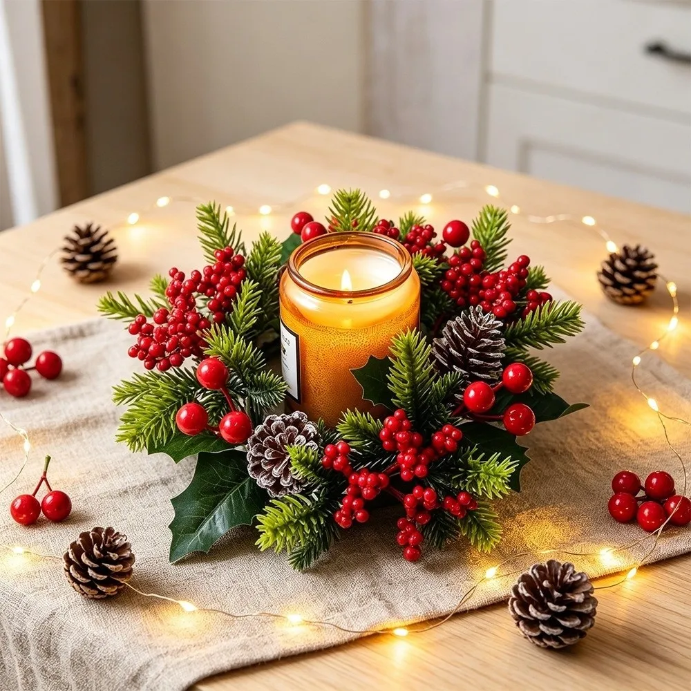 Artificial Pine Needle Christmas Candle Ring Plastic Durable Pillar Candle Garland Versatile Red Berry Table Centerpiece