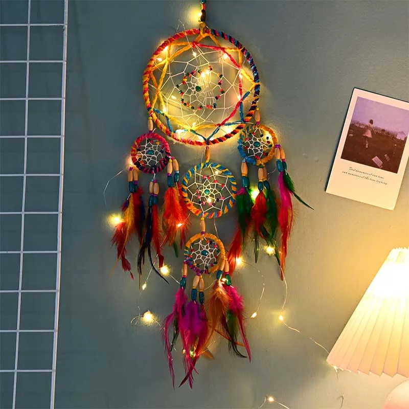 Dream Catcher with lights kawaii feather rainbow room decor for girl kids aesthetic Ornaments wall Handmade Home Decoration