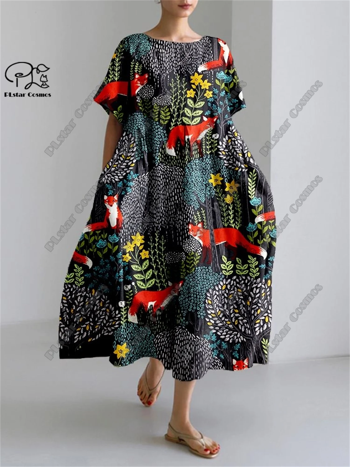 PLstar Cosmos 3D Printed Retro Floral Women's Short Sleeve Round Neck Dress Summer Casual Vacation Style Street Series 8