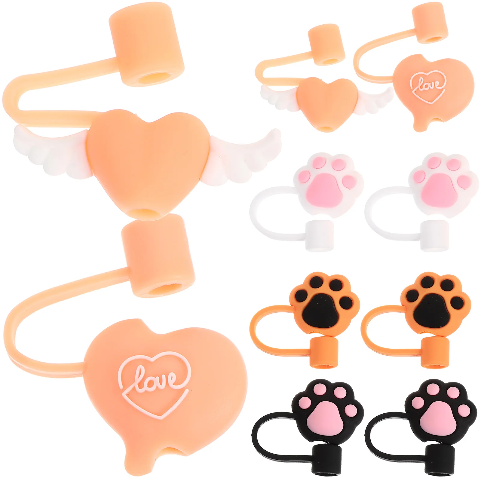 

10 Pcs Covers Cute Cartoon Heart Shape Silicone Dust Plugs Reusable Drinking Straw Toppers Protective Caps Straw