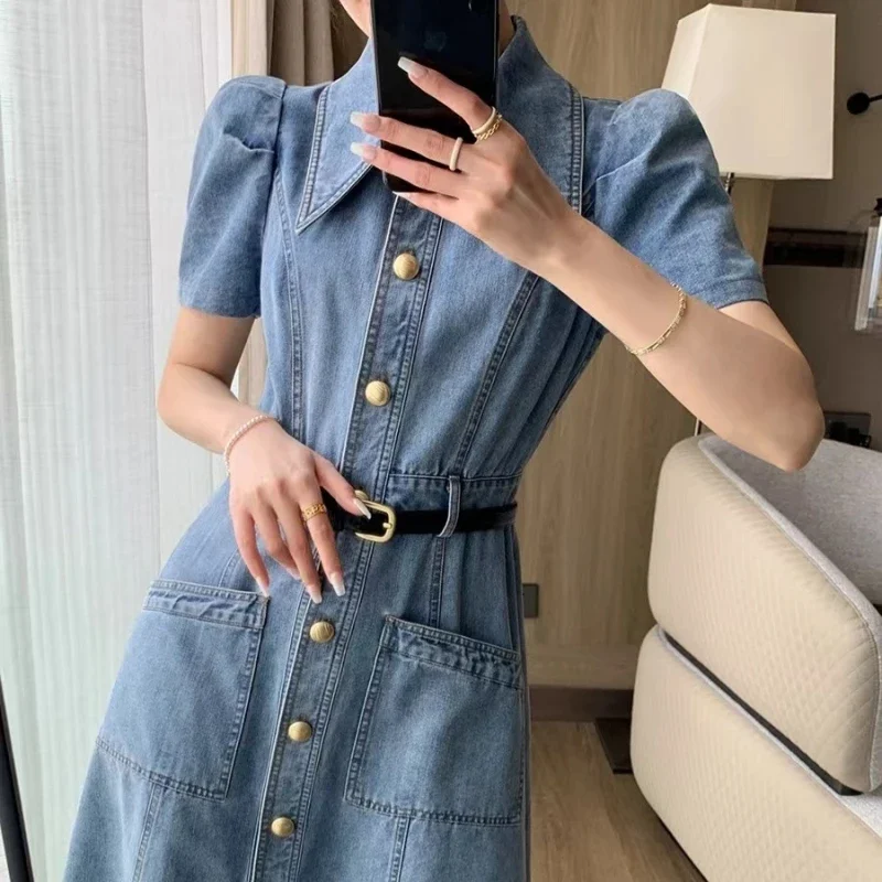 블루 빈티지 데님 드레스 여성 2025 봄 여름 새로운 패션 버튼 미디 진 셔츠 드레스 a 라인 긴 베스 티드