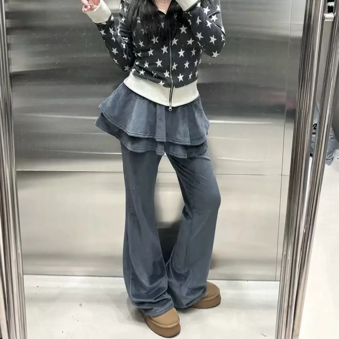 تنورة مخملية لطيفة بحاشية بلون واحد، بنطلون واسع من قطعتين، بنطلون طويل نسائي على الطراز الياباني الحلو، بنطلون كاجوال محبوك ...