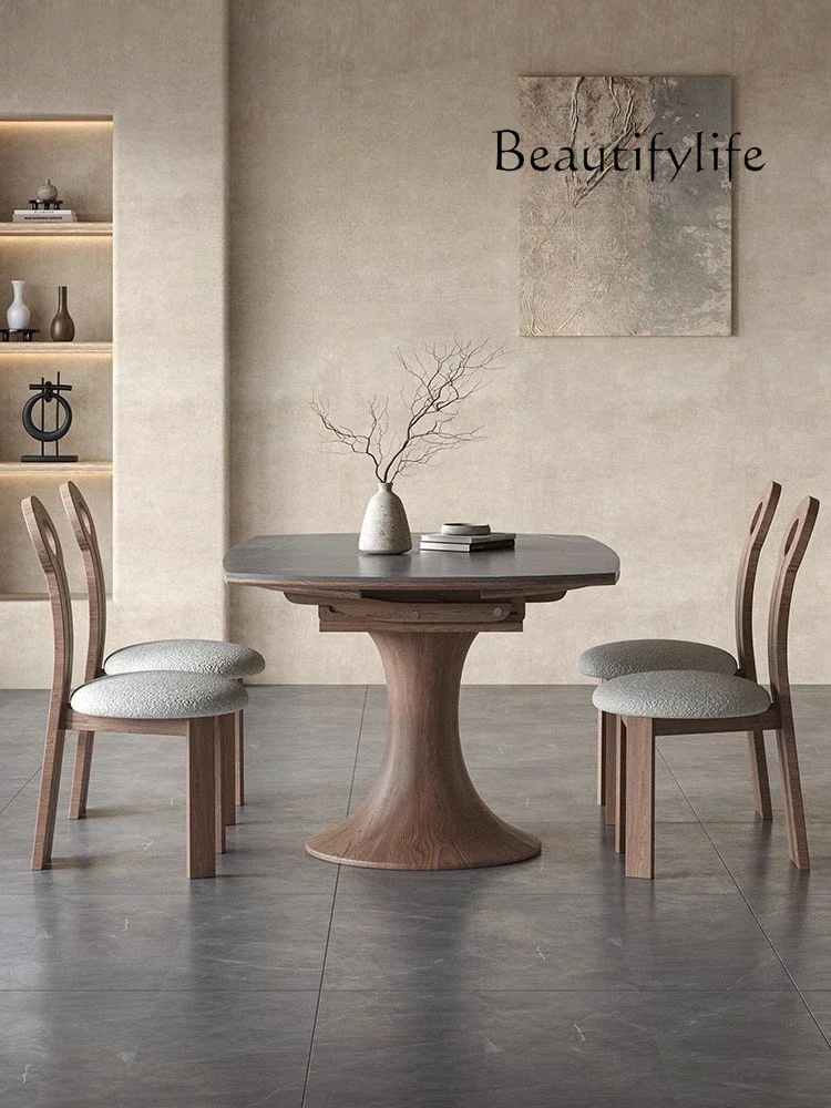 foldable round solid wood rock slab dining table and chair combination small apartment medium and ancient style stretching table