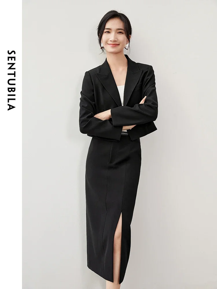 SENTUBILA 2 Piece Skirt Sets Women 2024 Autumn Straight Slit-hem Skirt Office Lady Work Business Shoulder Pad Blazer 143Z56481