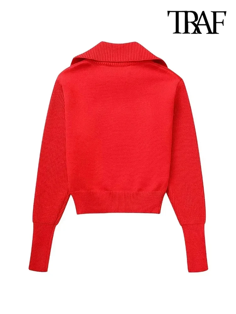 TRAF Women Fashion With Zipper Knit Sweater Vintage High Neck Long Sleeve Female Pullovers Chic Tops