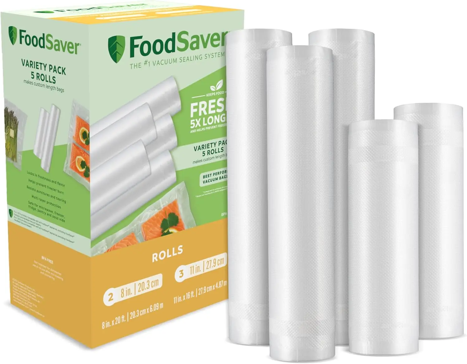 

Custom Length Vacuum Sealer Bags Multipack, 5 Count Rolls for Airtight Food Storage and Sous Vide - Compatible with FoodSaver